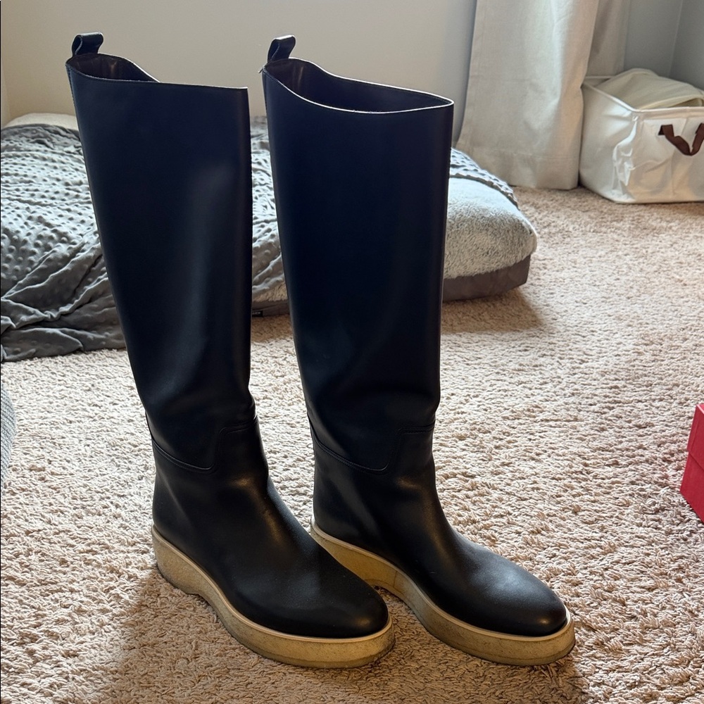 The Row Black Over the Knee Boots with Tan Sole